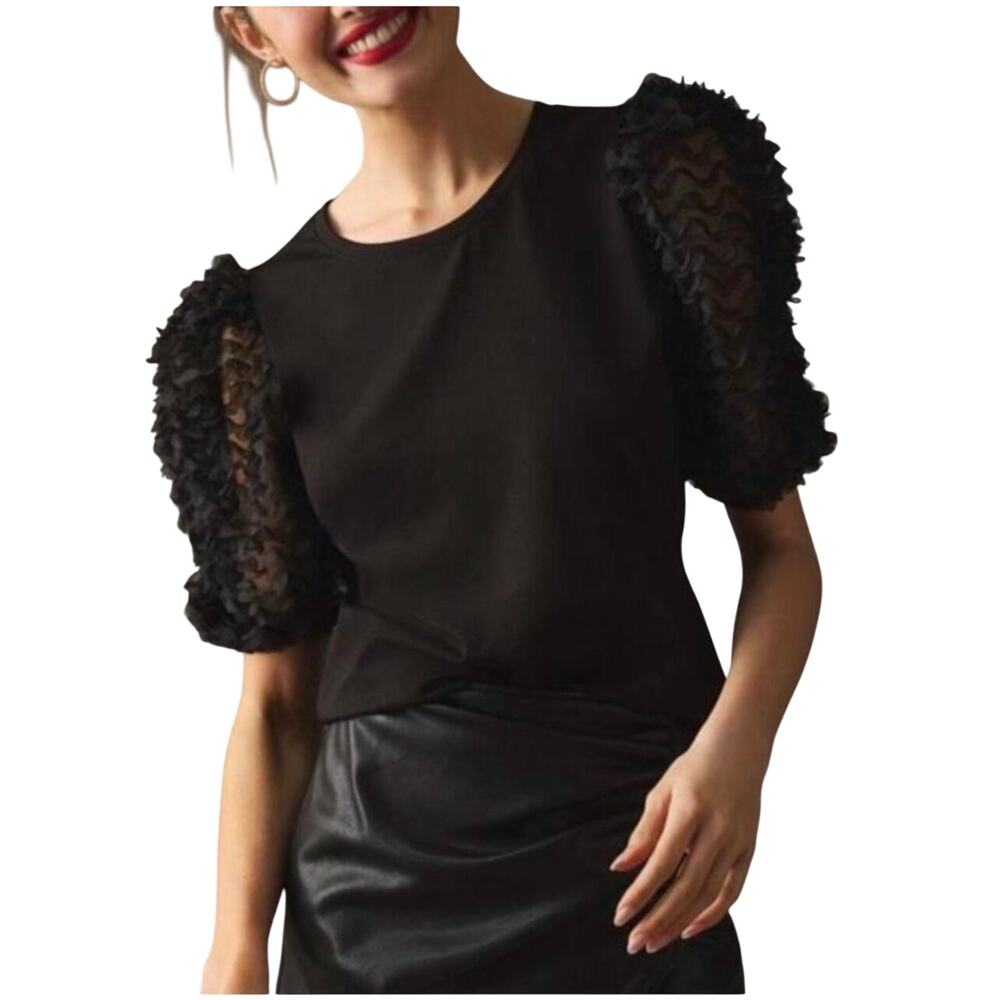 ANTHROPOLOGIE FLAT WHITE Women’s Black Flutter Puff Sleeve Knit Top